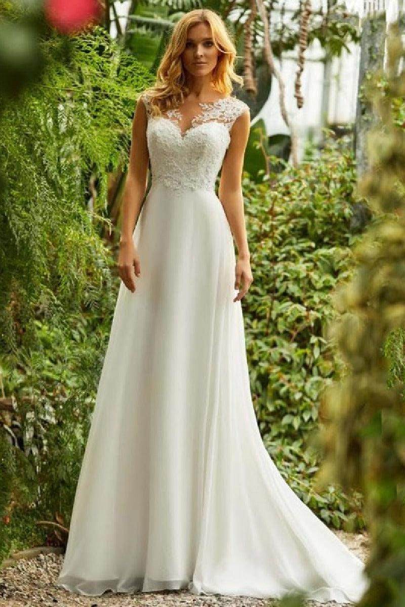 A-Line Sweep-Brush Train Lace Chiffon Wedding Dress 731359582005 - COCOMELODY